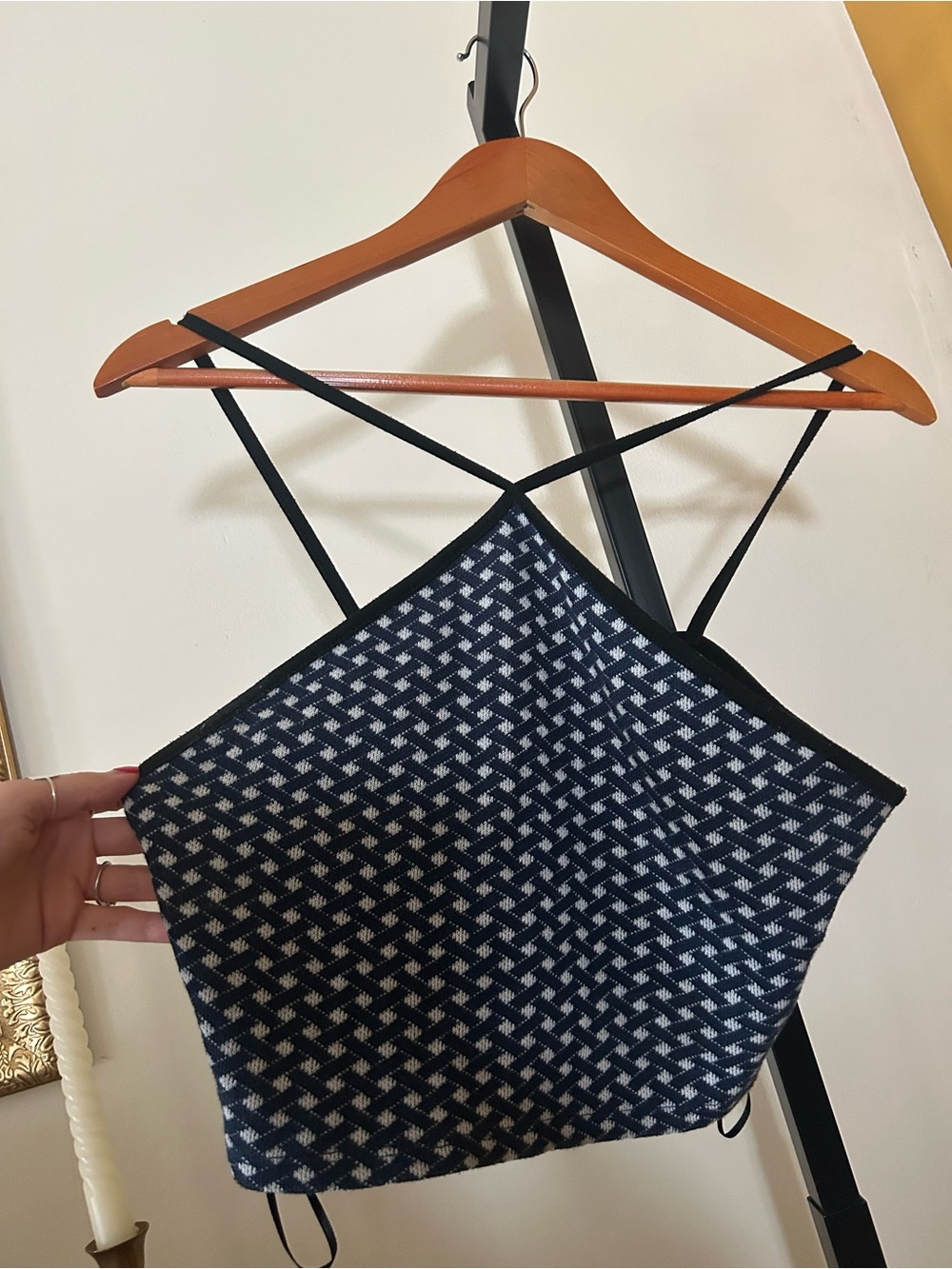 Zara Crop Top Tank Cropped Geometric Knit Criss Cross Strappy Blue Size M/L